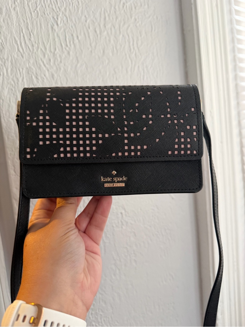 kate spade Black Crossbody Wallet with Pink Underlay Panel